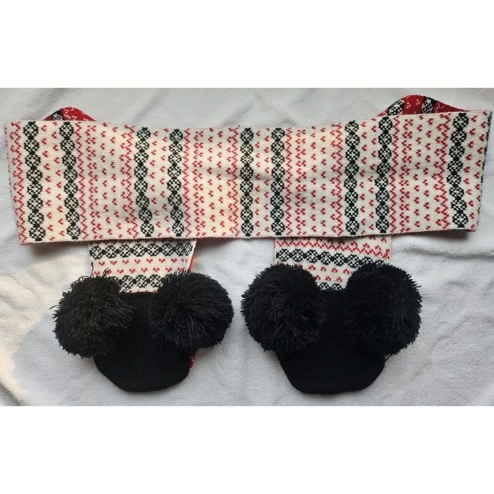Disney Mickey Mouse PomPom Pocket Knit Winter Holiday Scarf Christmas Red White